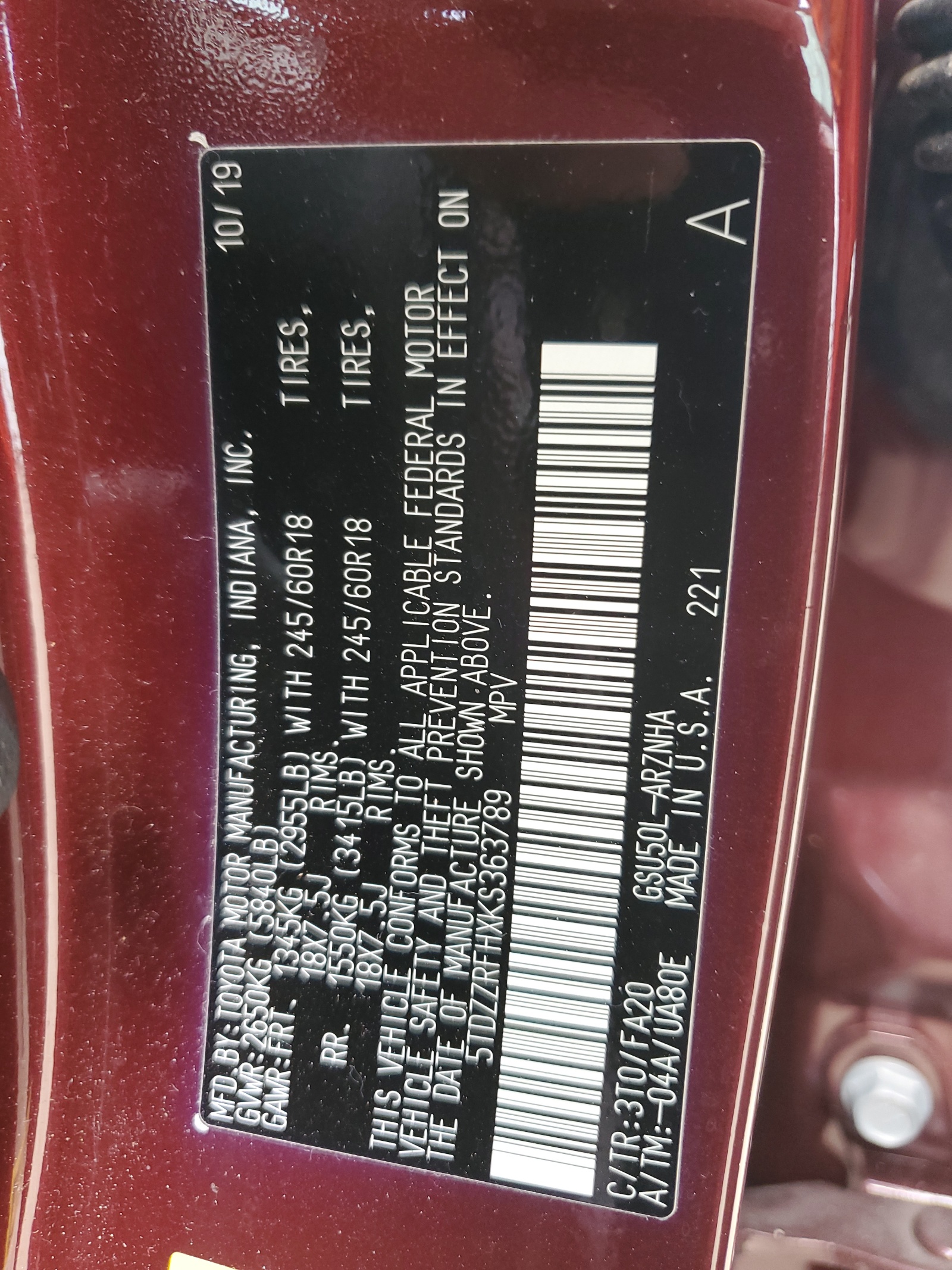 5TDZZRFHXKS363789 2019 Toyota Highlander Le