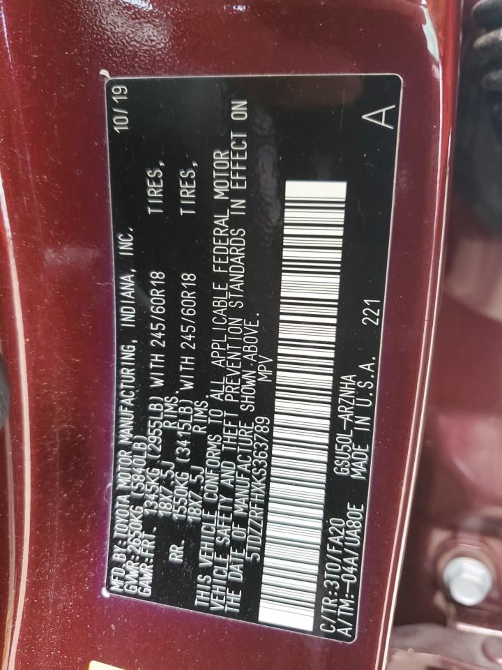 2019 Toyota Highlander Le VIN: 5TDZZRFHXKS363789 Lot: 65584094