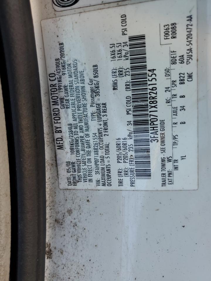 2008 Ford Fusion Se VIN: 3FAHP071X8R261554 Lot: 67108814