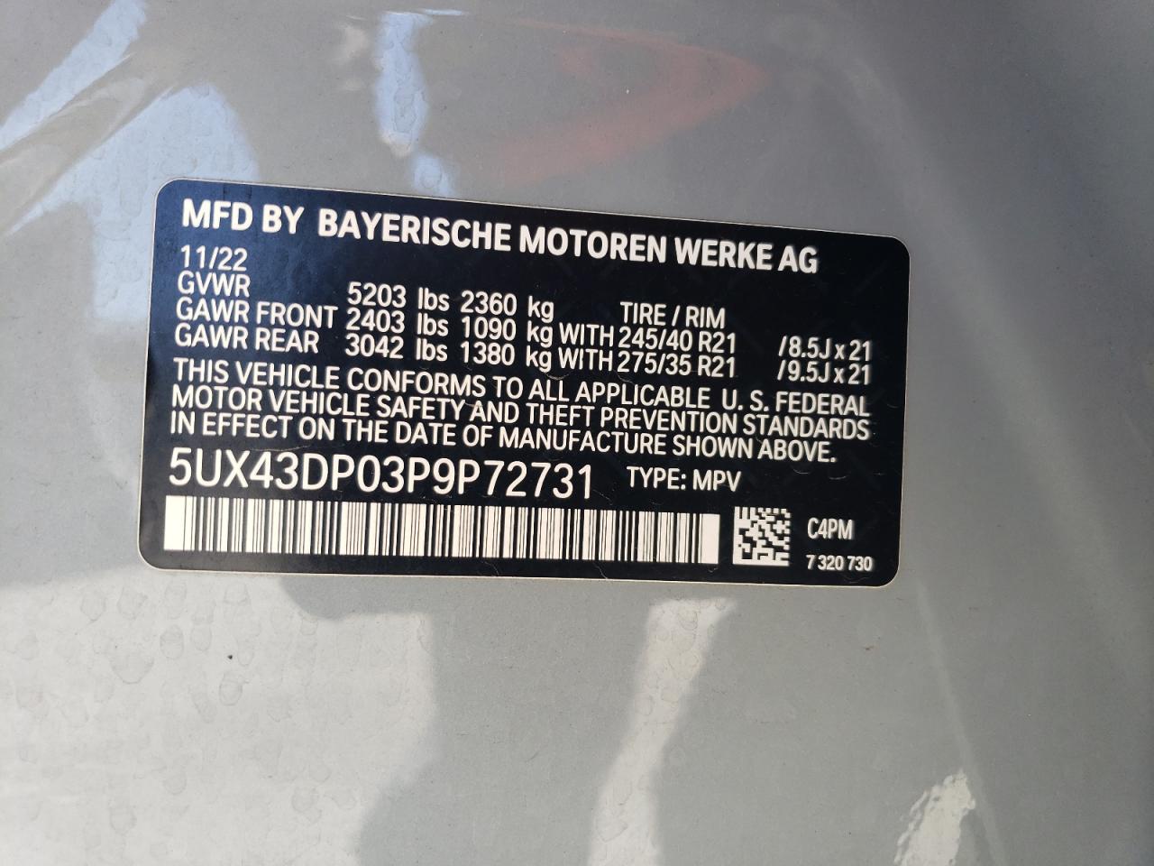 2023 BMW X3 Sdrive30I VIN: 5UX43DP03P9P72731 Lot: 68360034