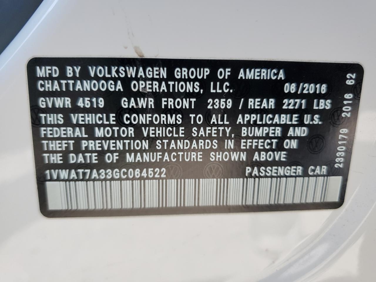 1VWAT7A33GC064522 2016 Volkswagen Passat S