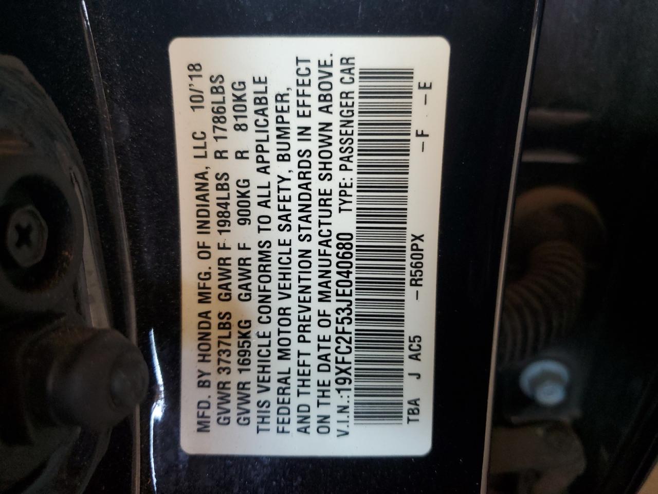 2018 Honda Civic Lx VIN: 19XFC2F53JE040680 Lot: 67216474