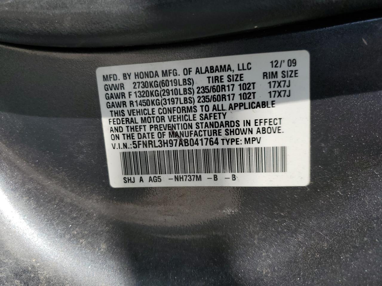 5FNRL3H97AB041764 2010 Honda Odyssey Touring