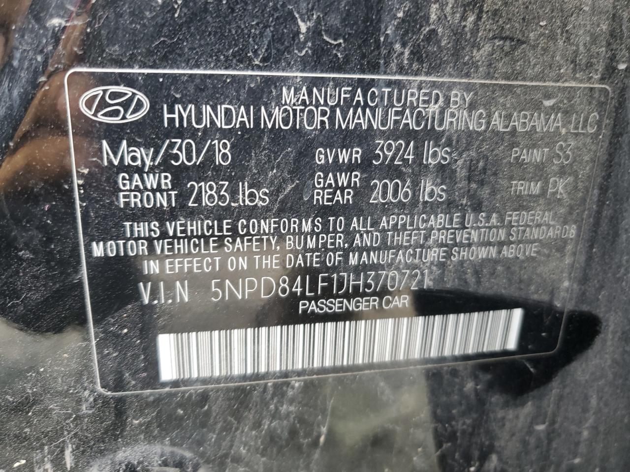 5NPD84LF1JH370721 2018 Hyundai Elantra Sel