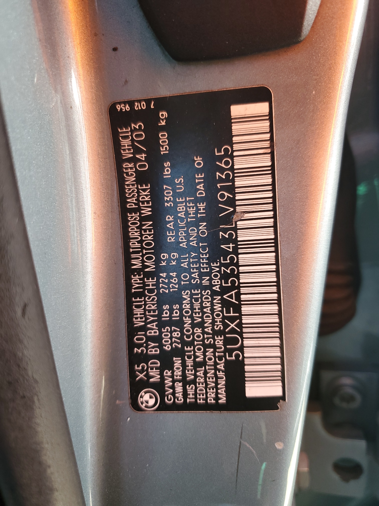 5UXFA53543LV91365 2003 BMW X5 3.0I