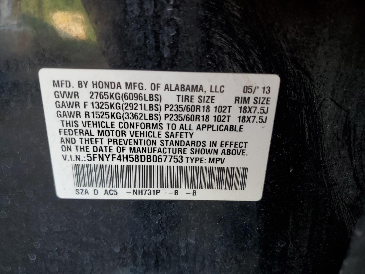 5FNYF4H58DB067753 2013 Honda Pilot Exl