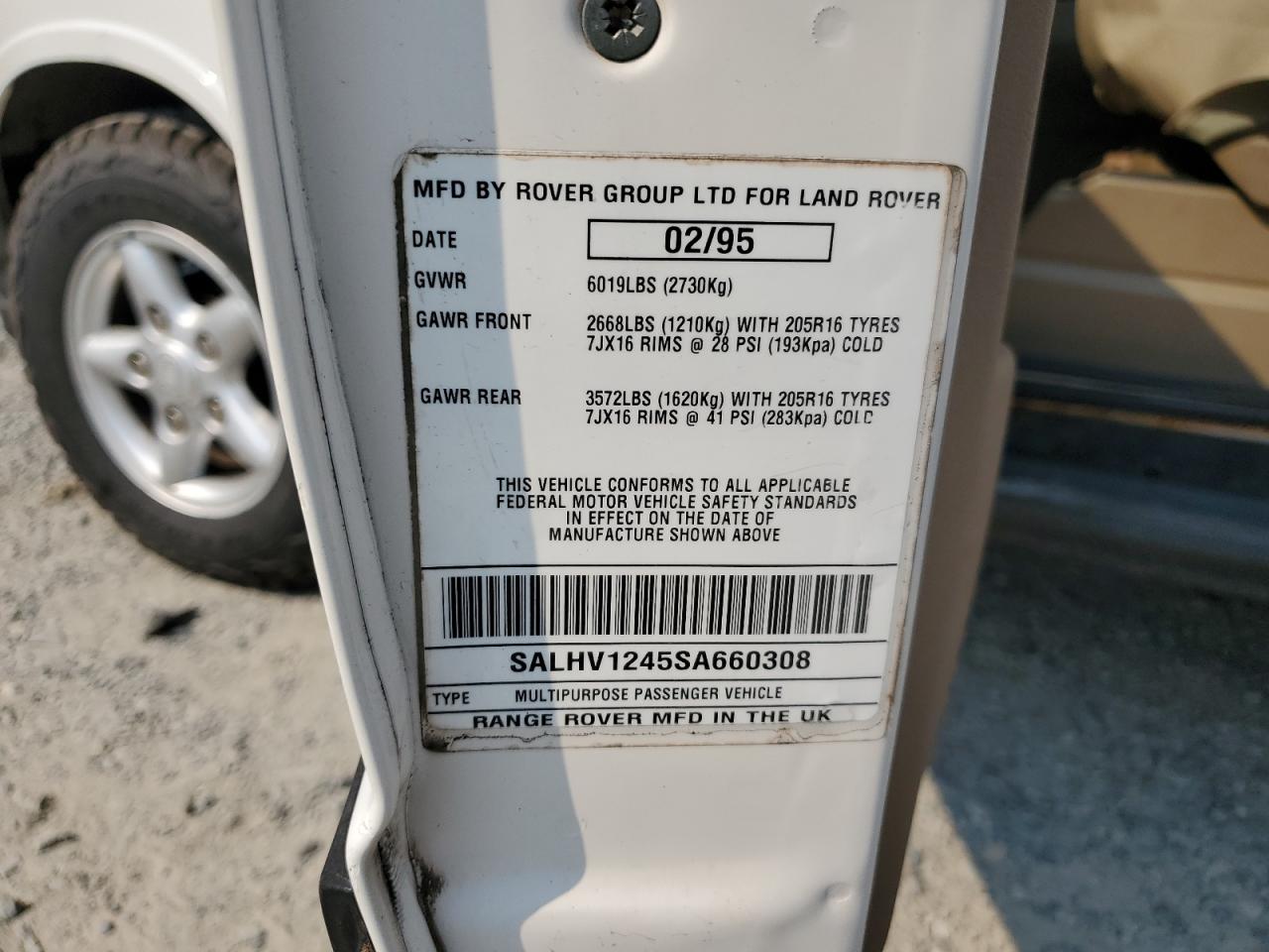 1995 Land Rover Range Rover Classic VIN: SALHV1245SA660308 Lot: 66993164