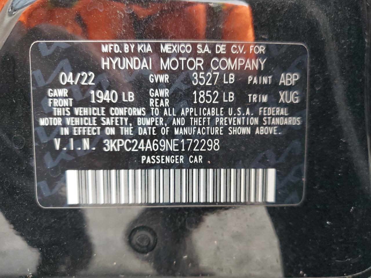 2022 Hyundai Accent Se VIN: 3KPC24A69NE172298 Lot: 69660814