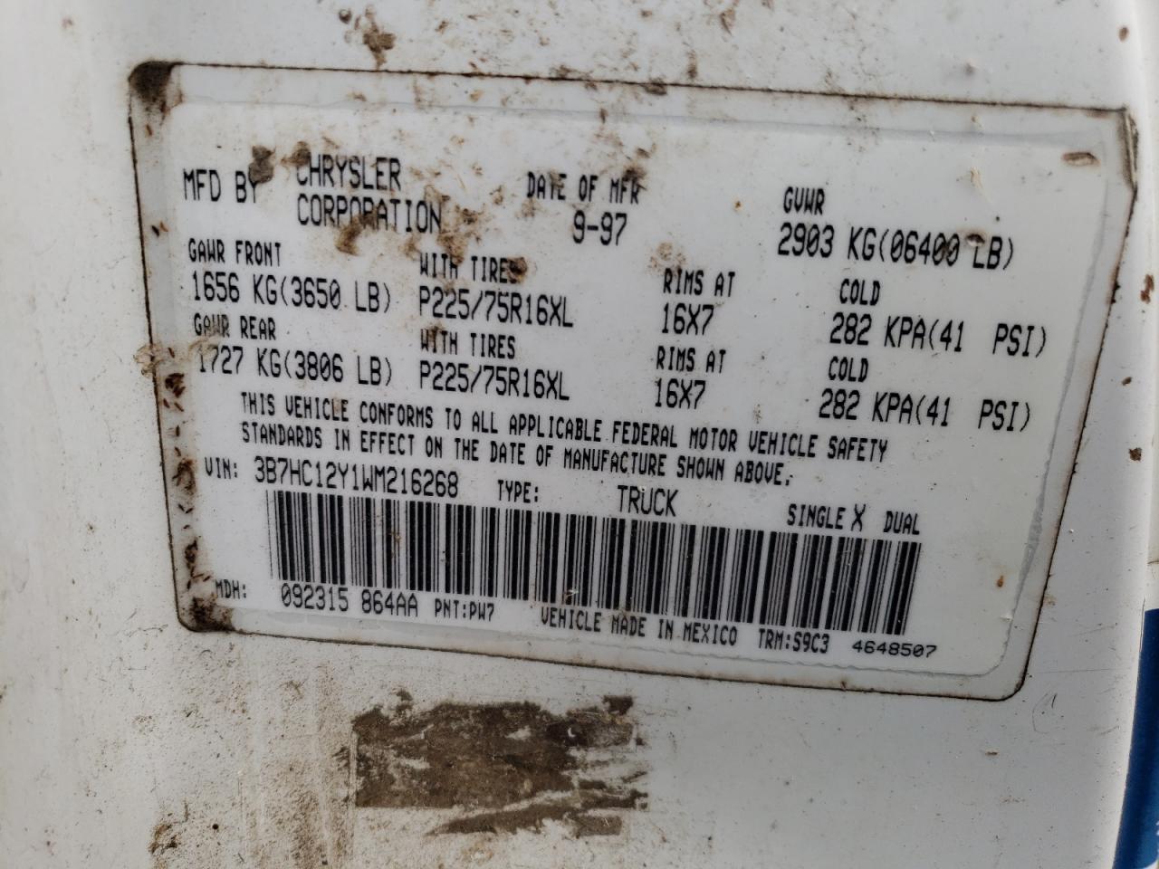 1998 Dodge Ram 1500 VIN: 3B7HC12Y1WM216268 Lot: 67310124