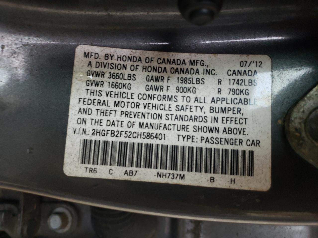 2HGFB2F52CH586401 2012 Honda Civic Lx