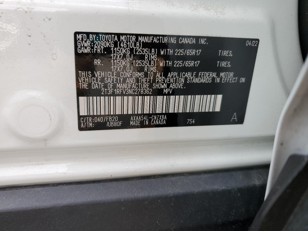 2022 Toyota Rav4 Le VIN: 2T3F1RFV3NC278362 Lot: 69074194