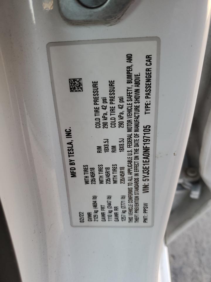 5YJ3E1EA0NF197105 2022 Tesla Model 3