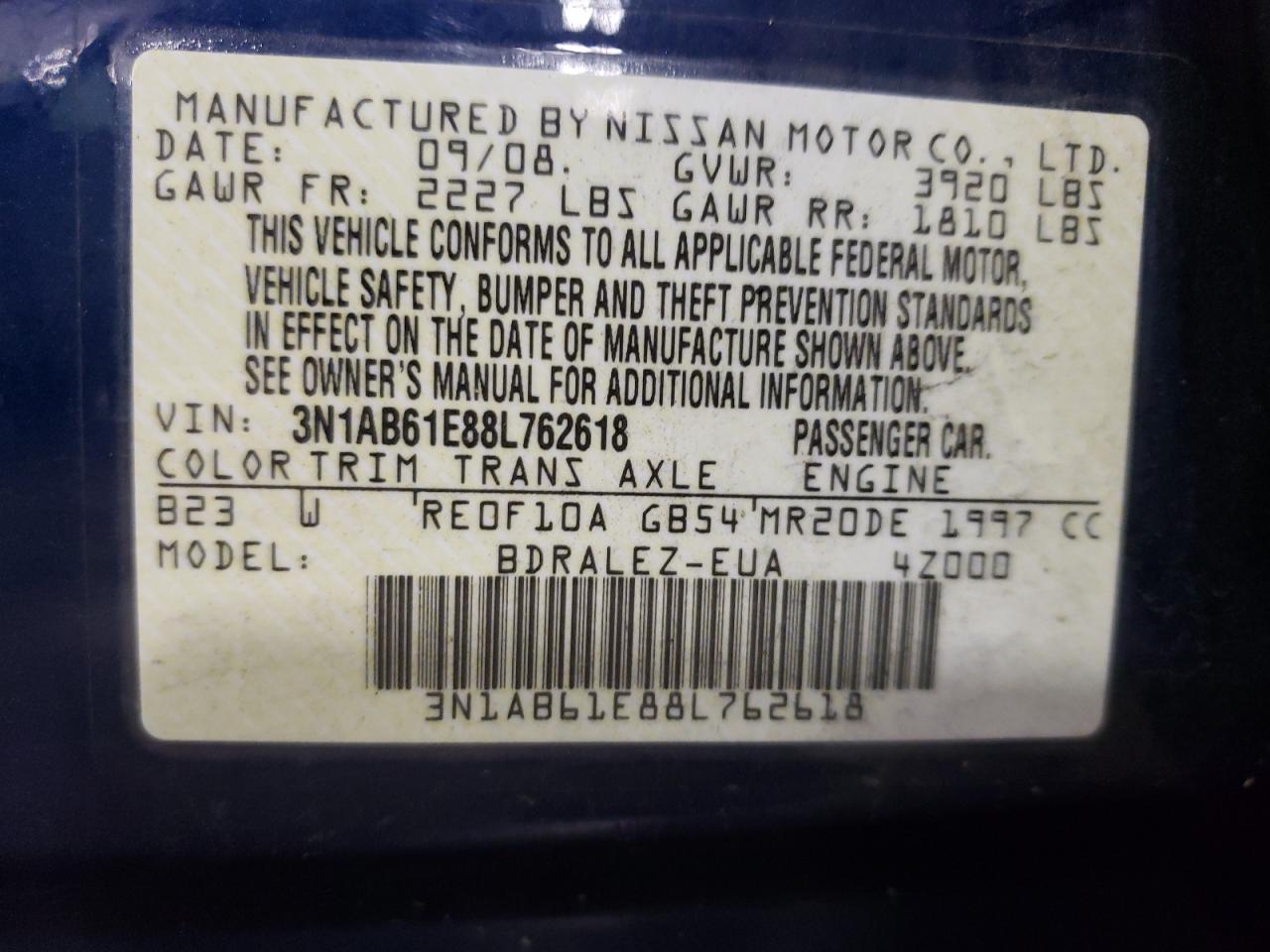 2008 Nissan Sentra 2.0 VIN: 3N1AB61E88L762618 Lot: 65988894