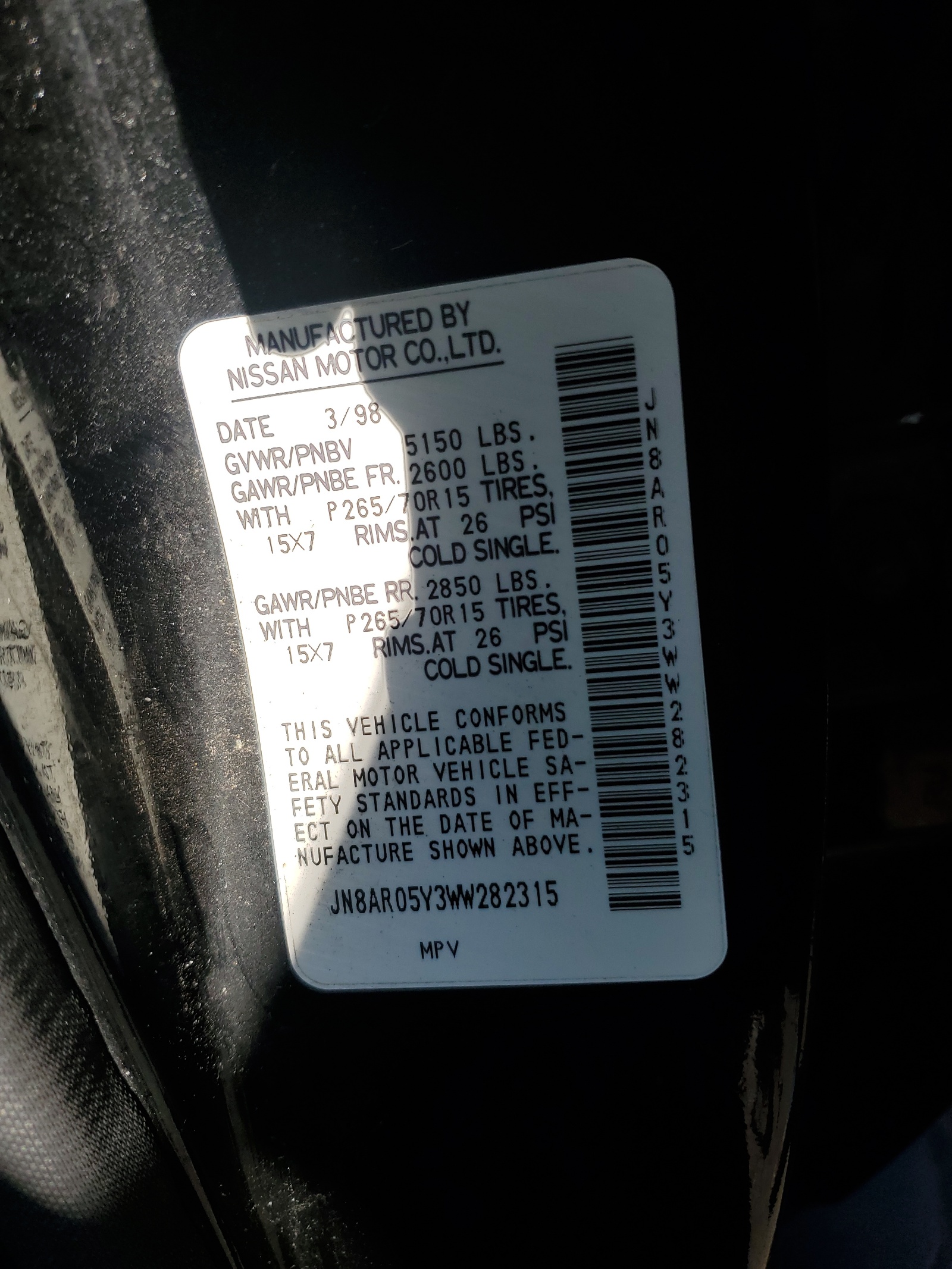 JN8AR05Y3WW282315 1998 Nissan Pathfinder Le