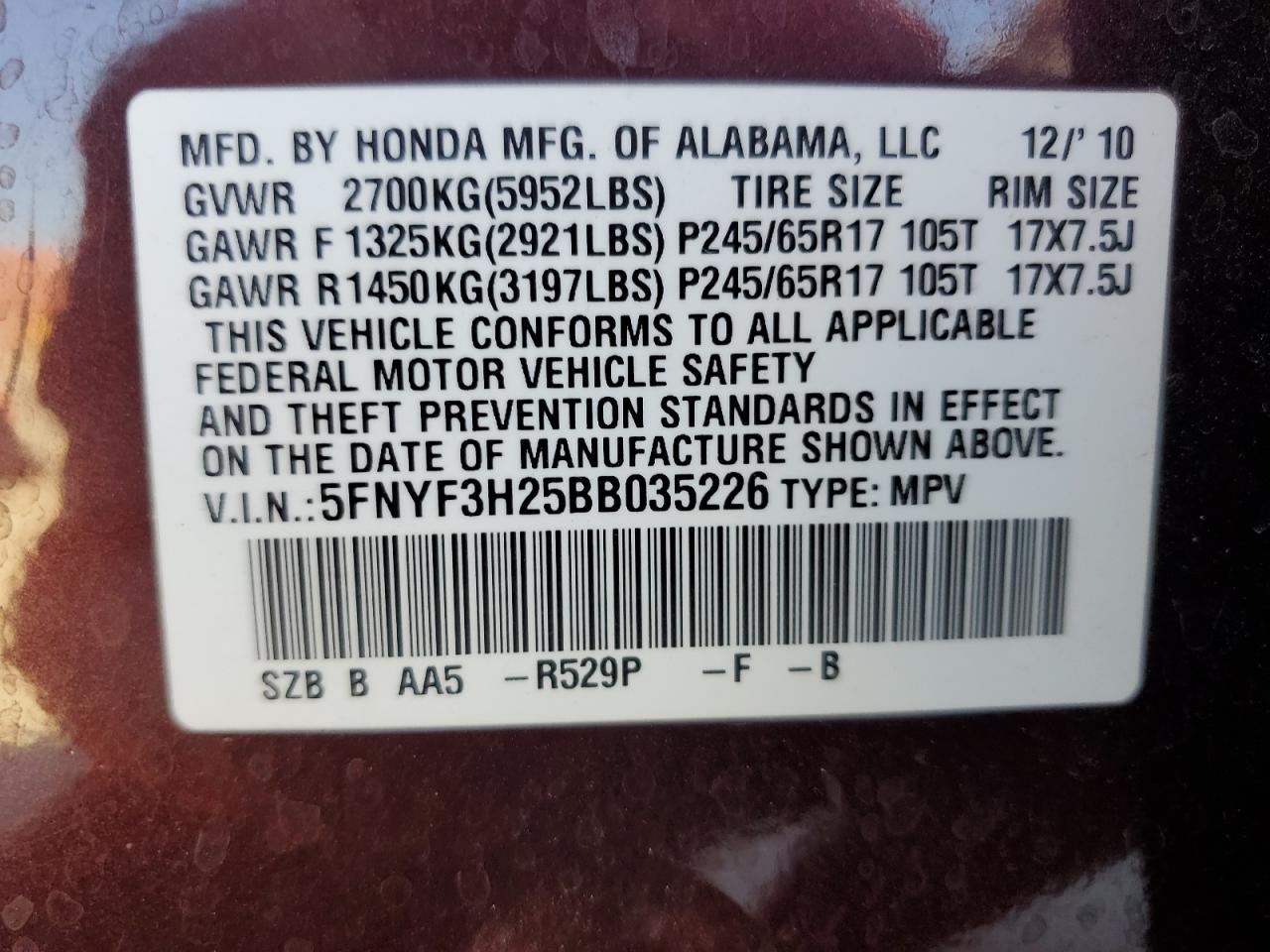 2011 Honda Pilot Lx VIN: 5FNYF3H25BB035226 Lot: 68368784