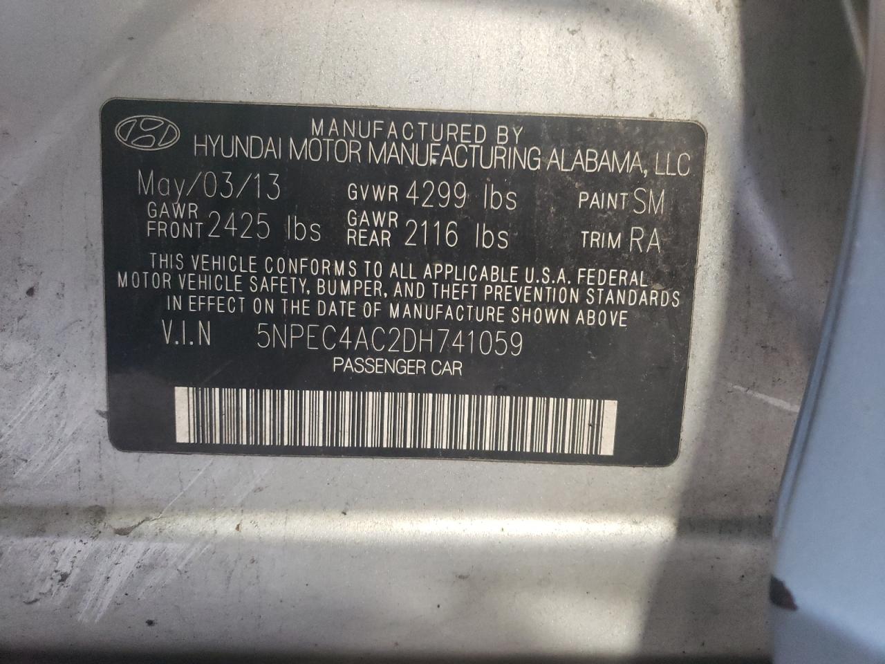 2013 Hyundai Sonata Se VIN: 5NPEC4AC2DH741059 Lot: 67234984