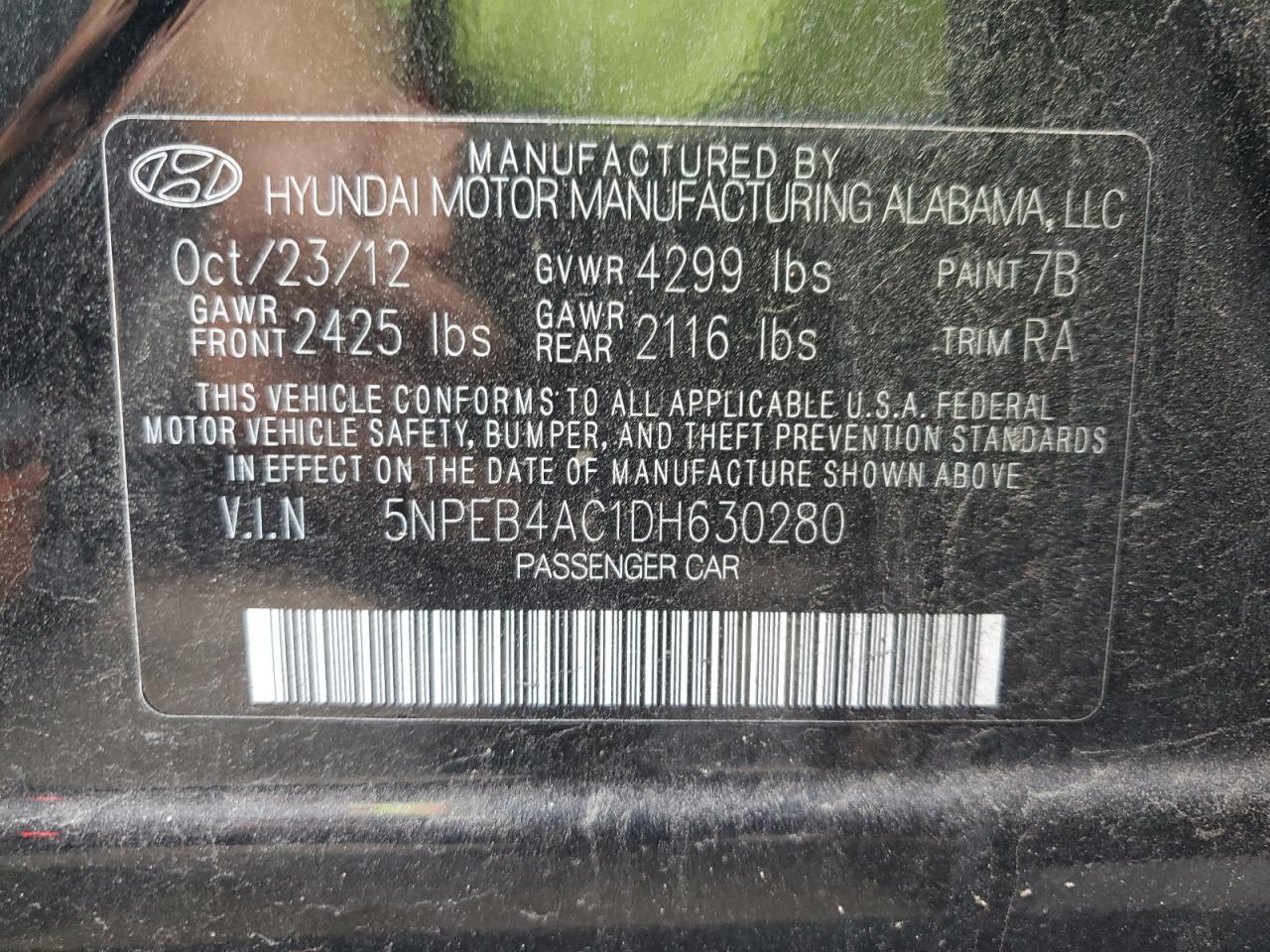 2013 Hyundai Sonata Gls VIN: 5NPEB4AC1DH630280 Lot: 67047474