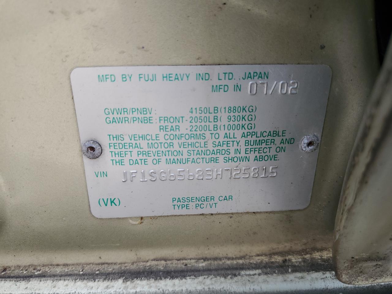 2003 Subaru Forester 2.5Xs VIN: JF1SG65683H725815 Lot: 66748504