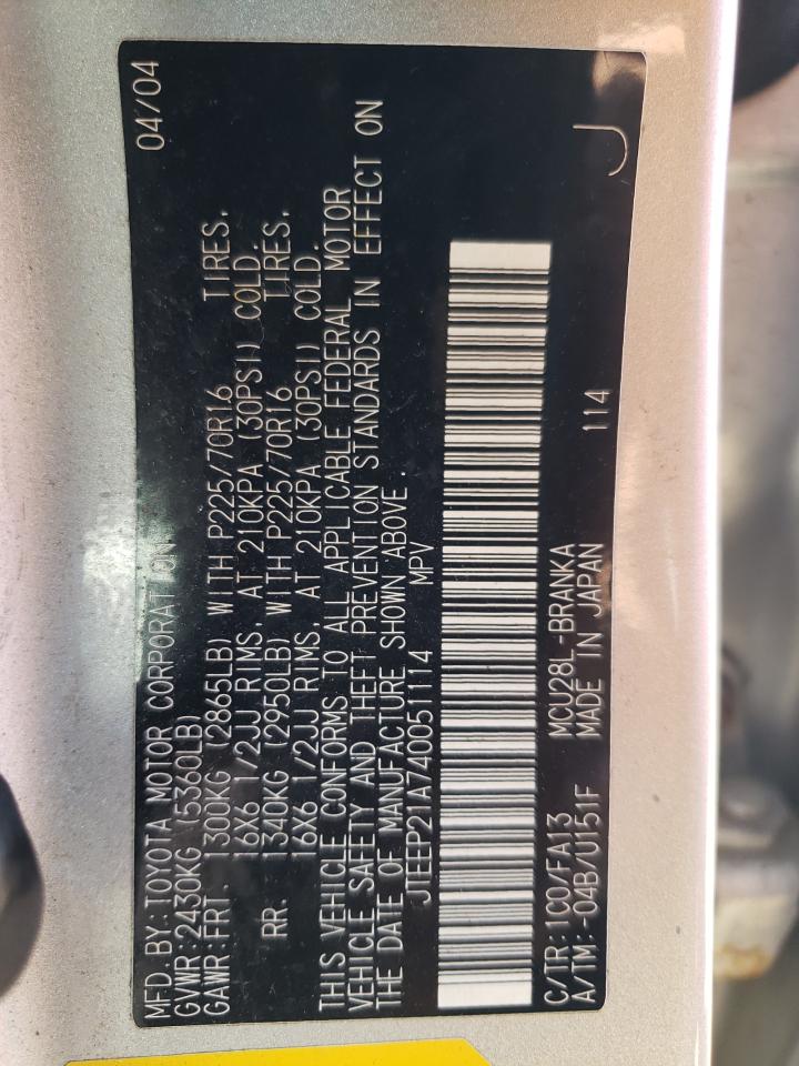 2004 Toyota Highlander VIN: JTEEP21A740051114 Lot: 66133184