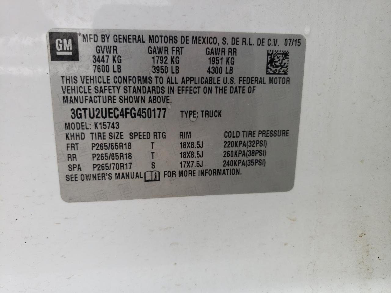 3GTU2UEC4FG450177 2015 GMC Sierra K1500 Sle