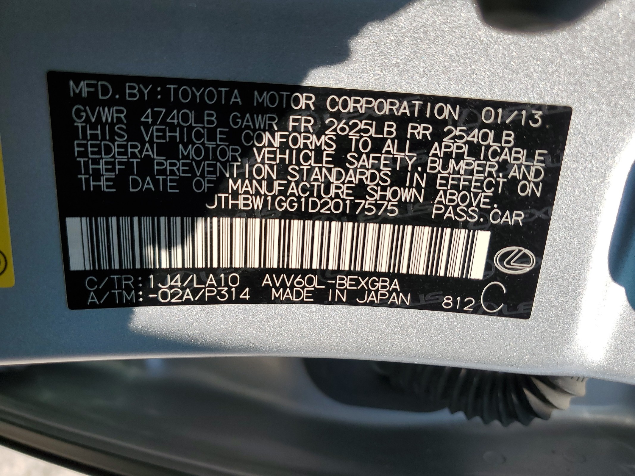 JTHBW1GG1D2017575 2013 Lexus Es 300H