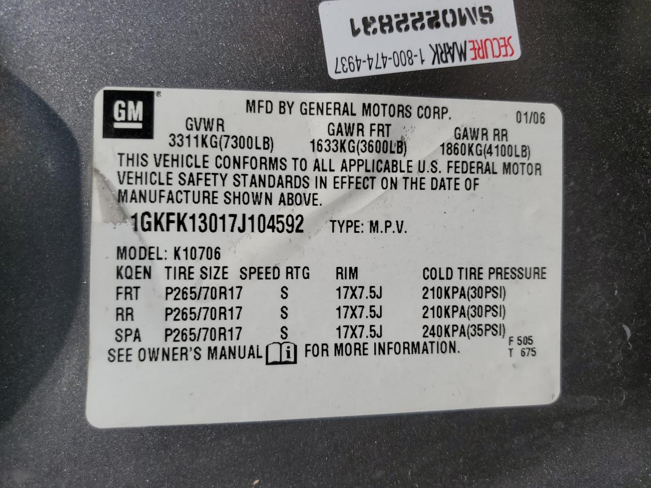 2007 GMC Yukon VIN: 1GKFK13017J104592 Lot: 69838094