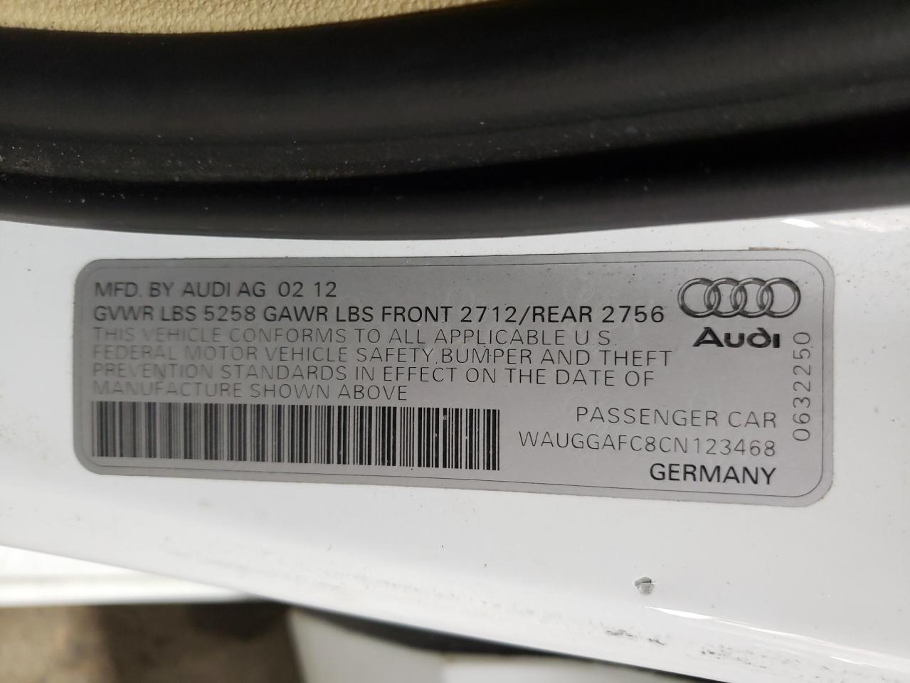 2012 Audi A6 Premium Plus VIN: WAUGGAFC8CN123468 Lot: 68086964