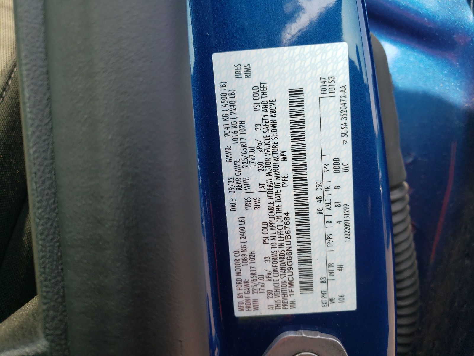 1FMCU9G66NUB67684 2022 Ford Escape Se