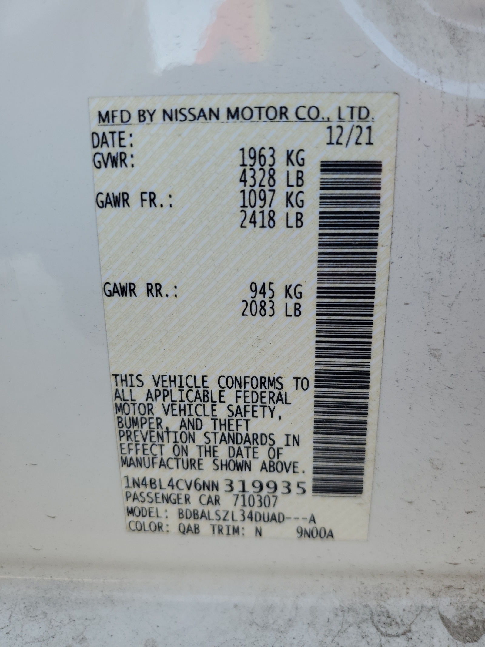 1N4BL4CV6NN319935 2022 Nissan Altima Sr