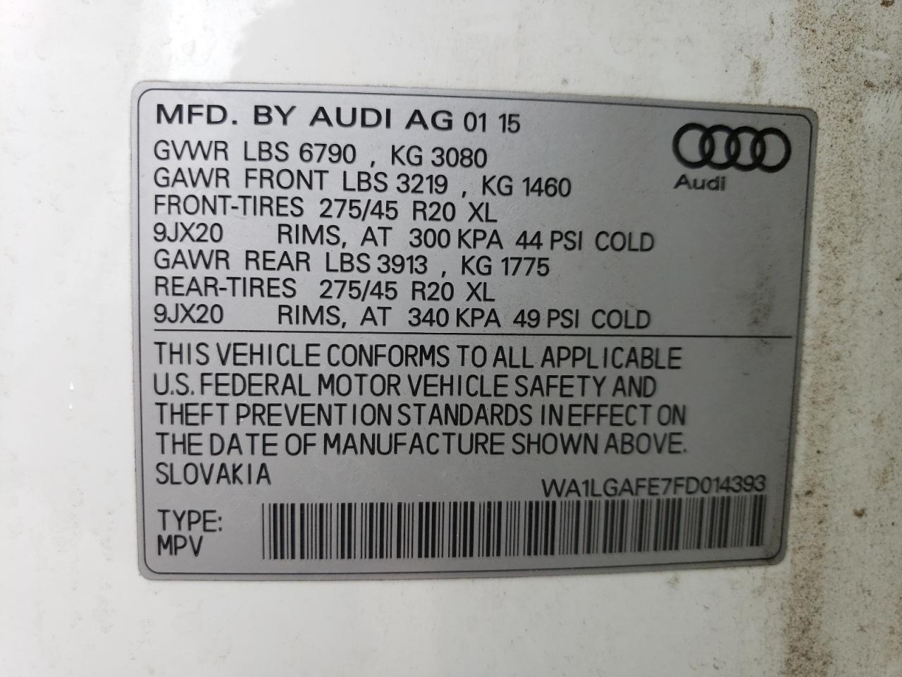 WA1LGAFE7FD014393 2015 Audi Q7 Premium Plus