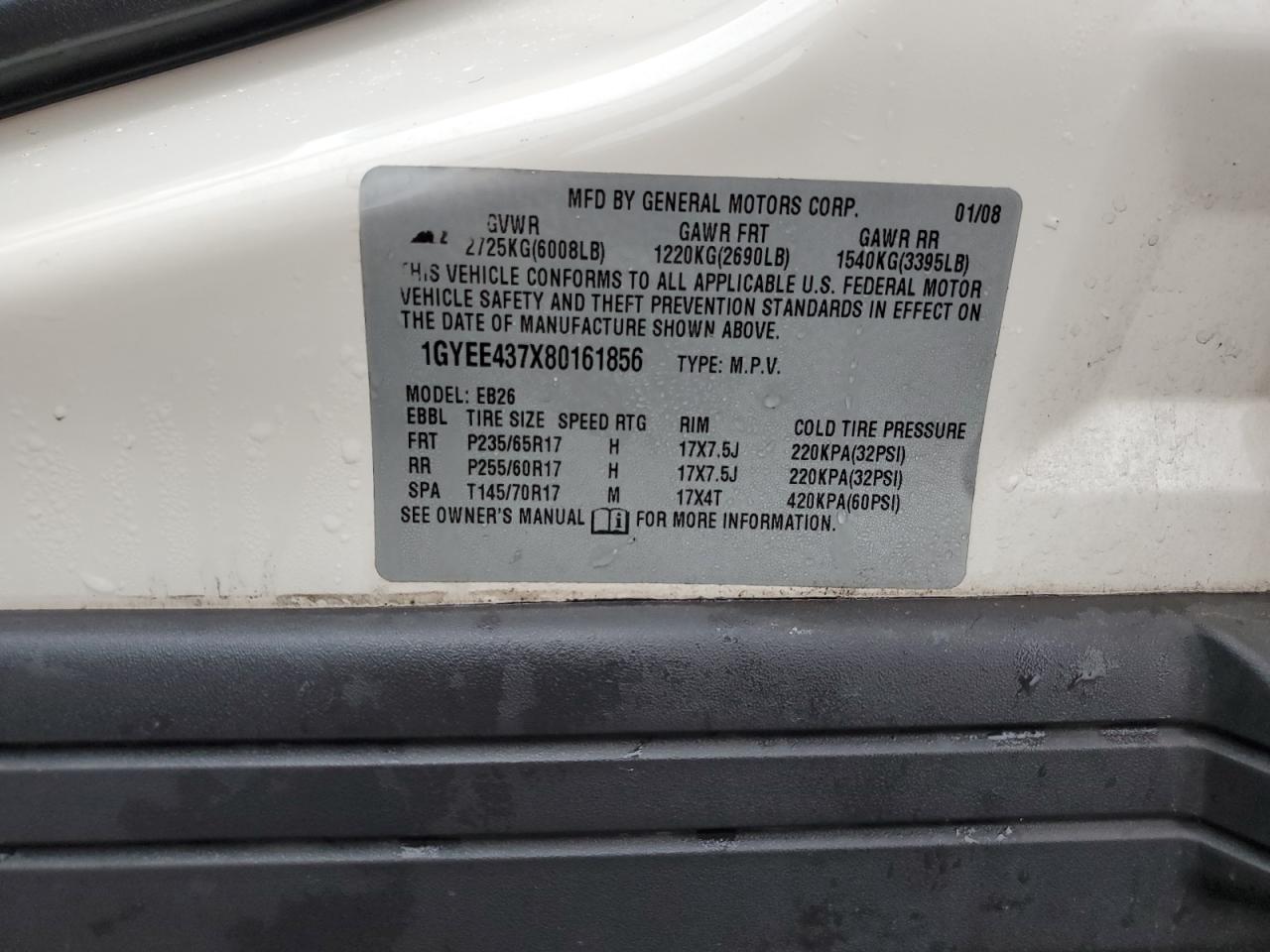 2008 Cadillac Srx VIN: 1GYEE437X80161856 Lot: 66667804