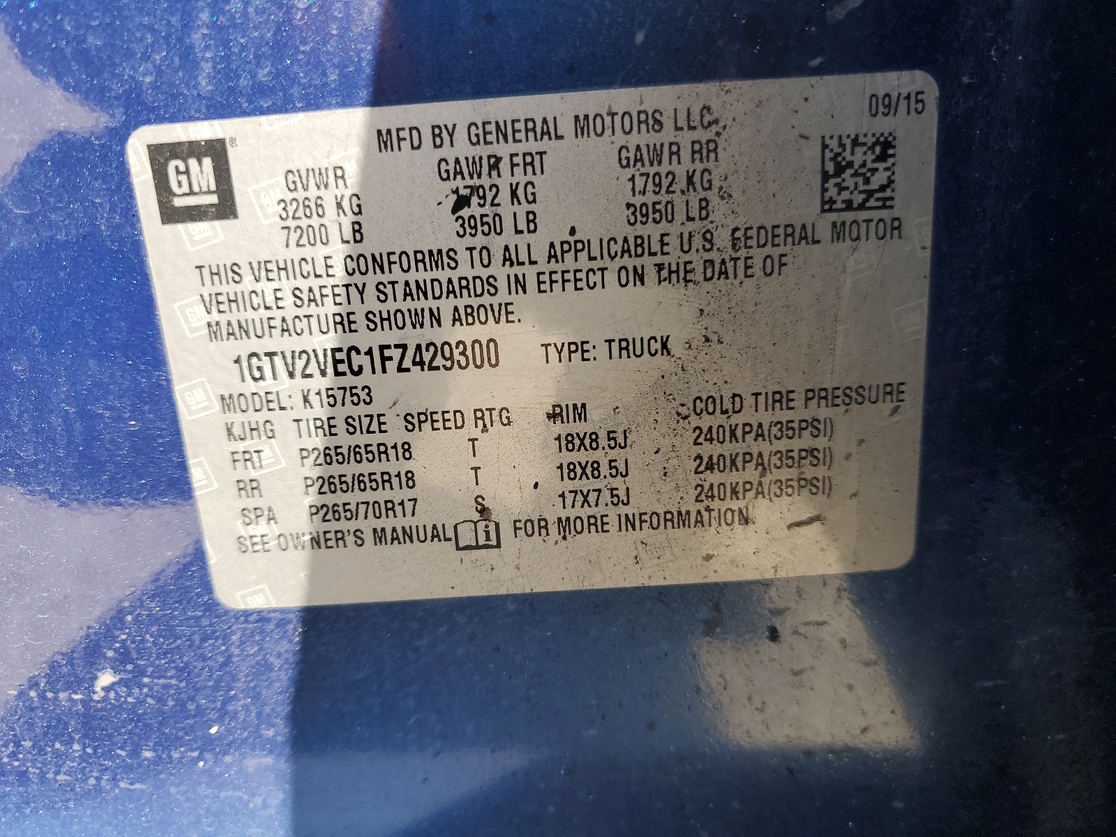 1GTV2VEC1FZ429300 2015 GMC Sierra K1500 Slt