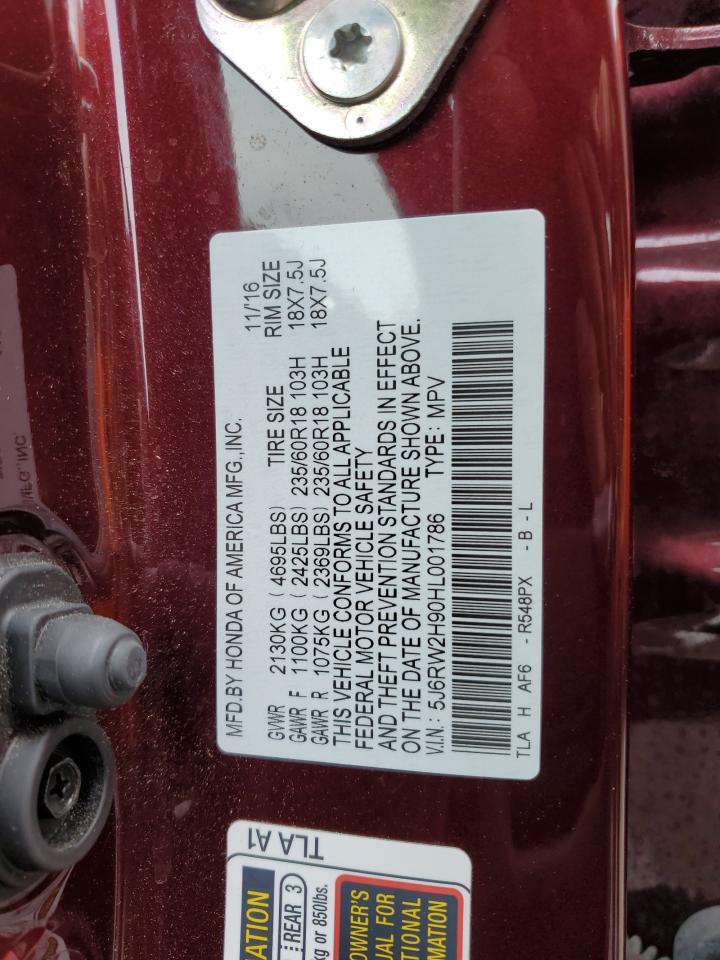 2017 Honda Cr-V Touring VIN: 5J6RW2H90HL001786 Lot: 68502184