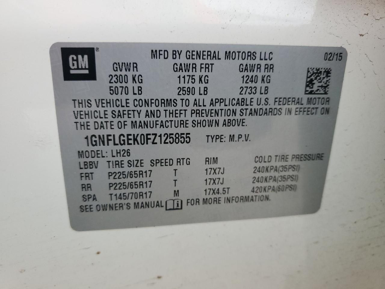 2015 Chevrolet Equinox Lt VIN: 1GNFLGEK0FZ125855 Lot: 67141824