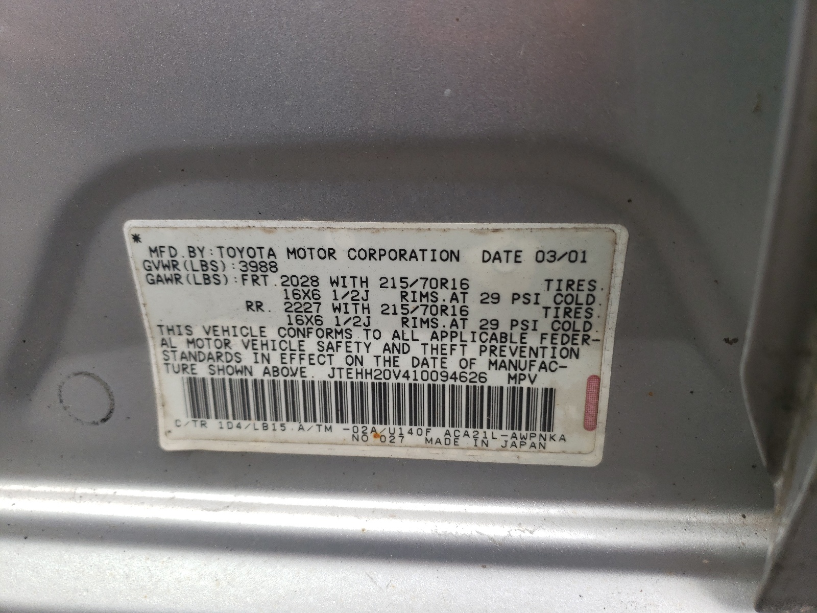 jtehh20v410094626 JTEHH20V410094626 2001 Toyota Rav4