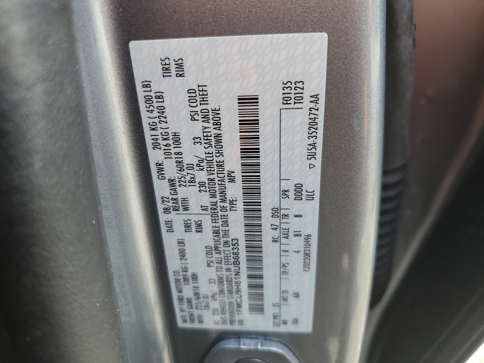 1FMCU9H61NUB68353 2022 Ford Escape Sel