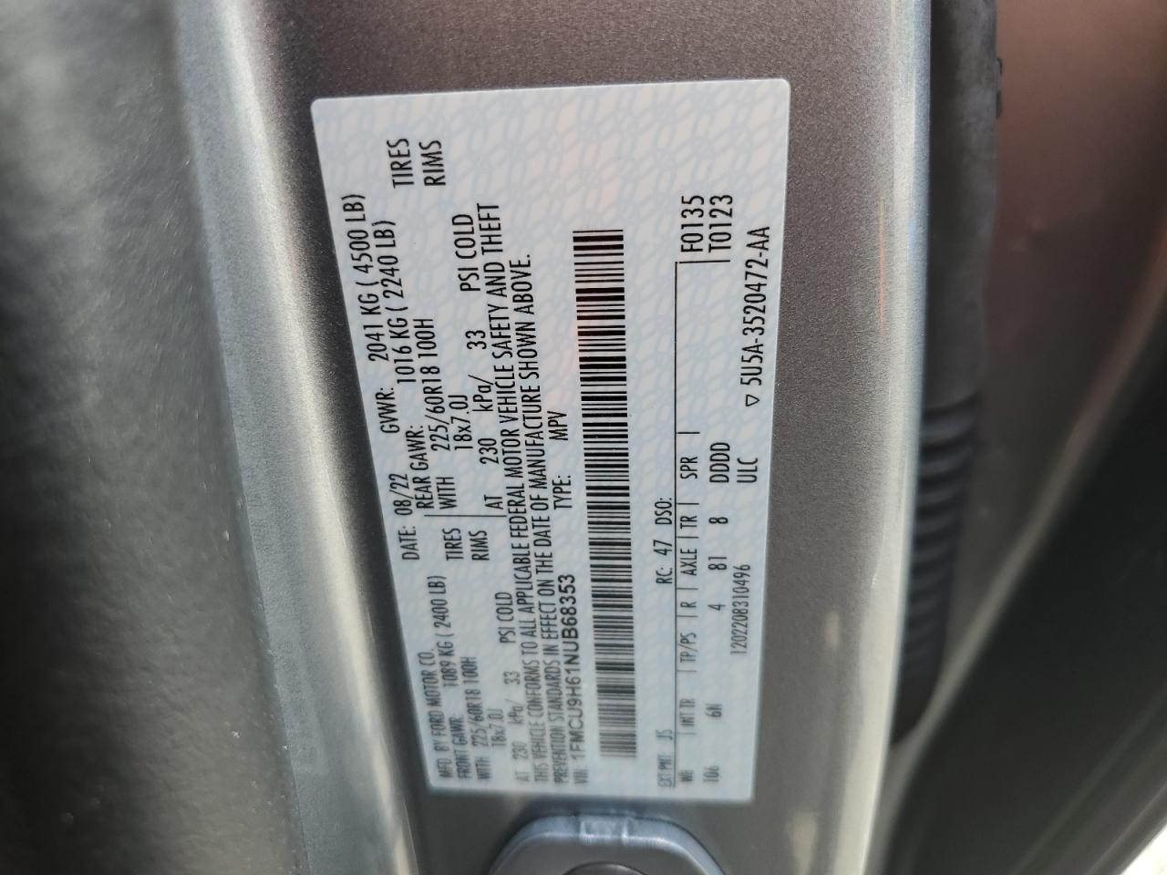 2022 Ford Escape Sel VIN: 1FMCU9H61NUB68353 Lot: 63078734