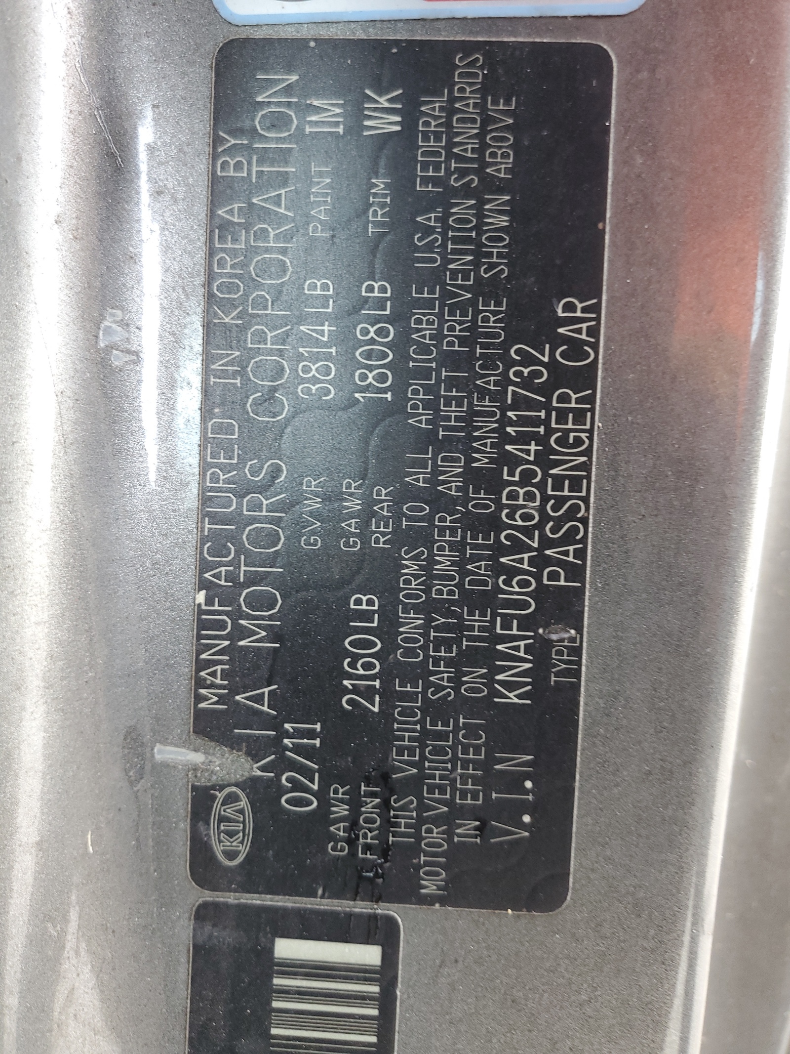 KNAFU6A26B5411732 2011 Kia Forte Ex