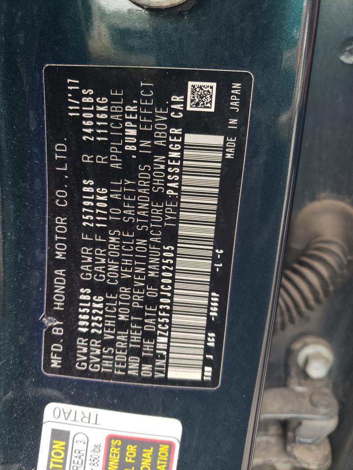 2018 Honda Clarity Touring VIN: JHMZC5F30JC002505 Lot: 65776584