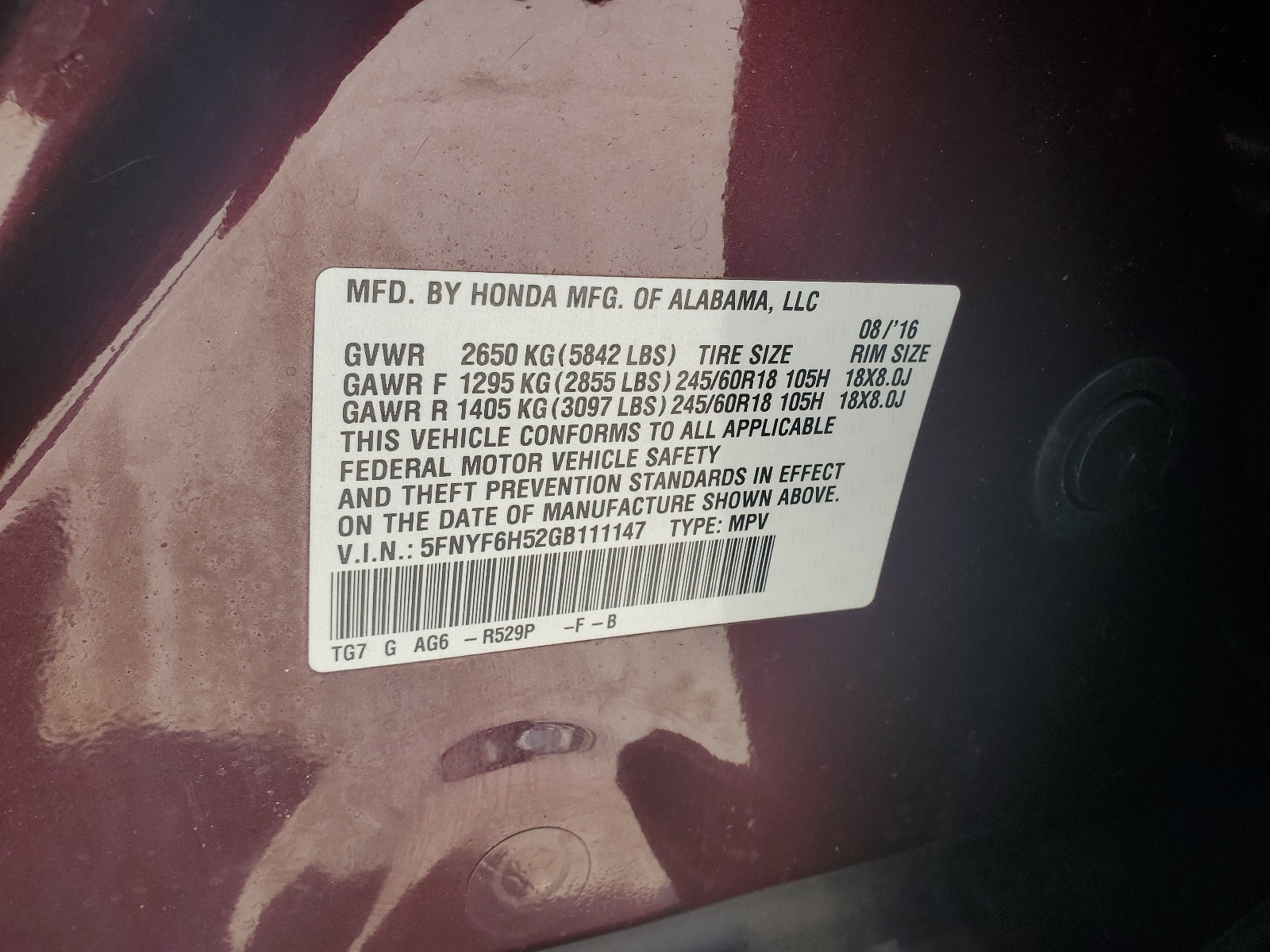 5FNYF6H52GB111147 2016 Honda Pilot Exl