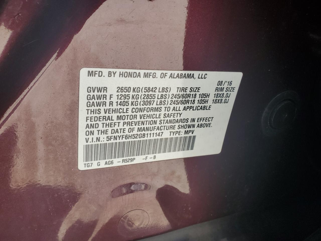 2016 Honda Pilot Exl VIN: 5FNYF6H52GB111147 Lot: 66014344