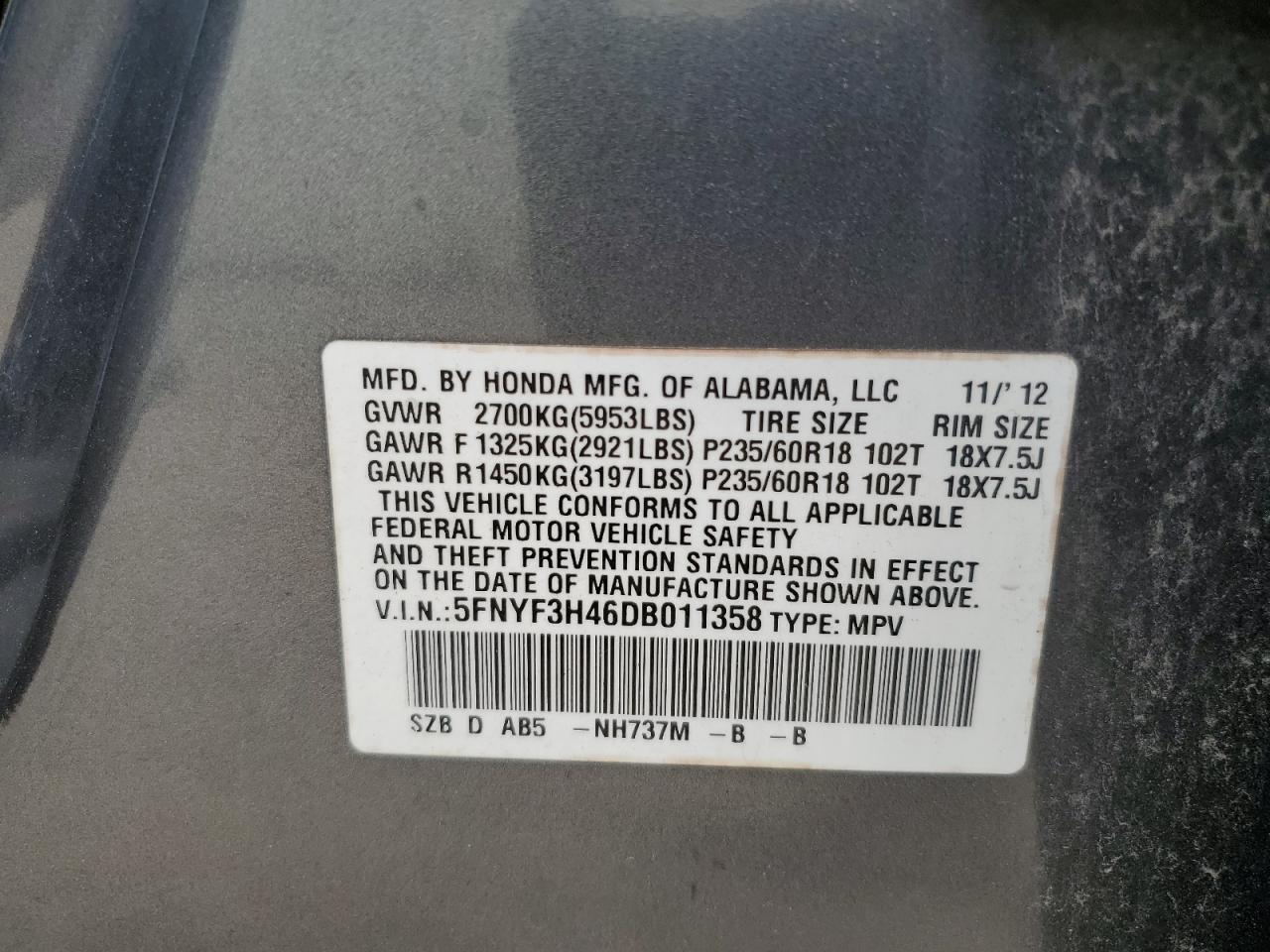 2013 Honda Pilot Ex VIN: 5FNYF3H46DB011358 Lot: 68718854