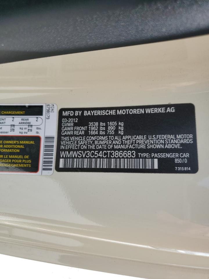 2012 Mini Cooper S VIN: WMWSV3C54CT386683 Lot: 66793644