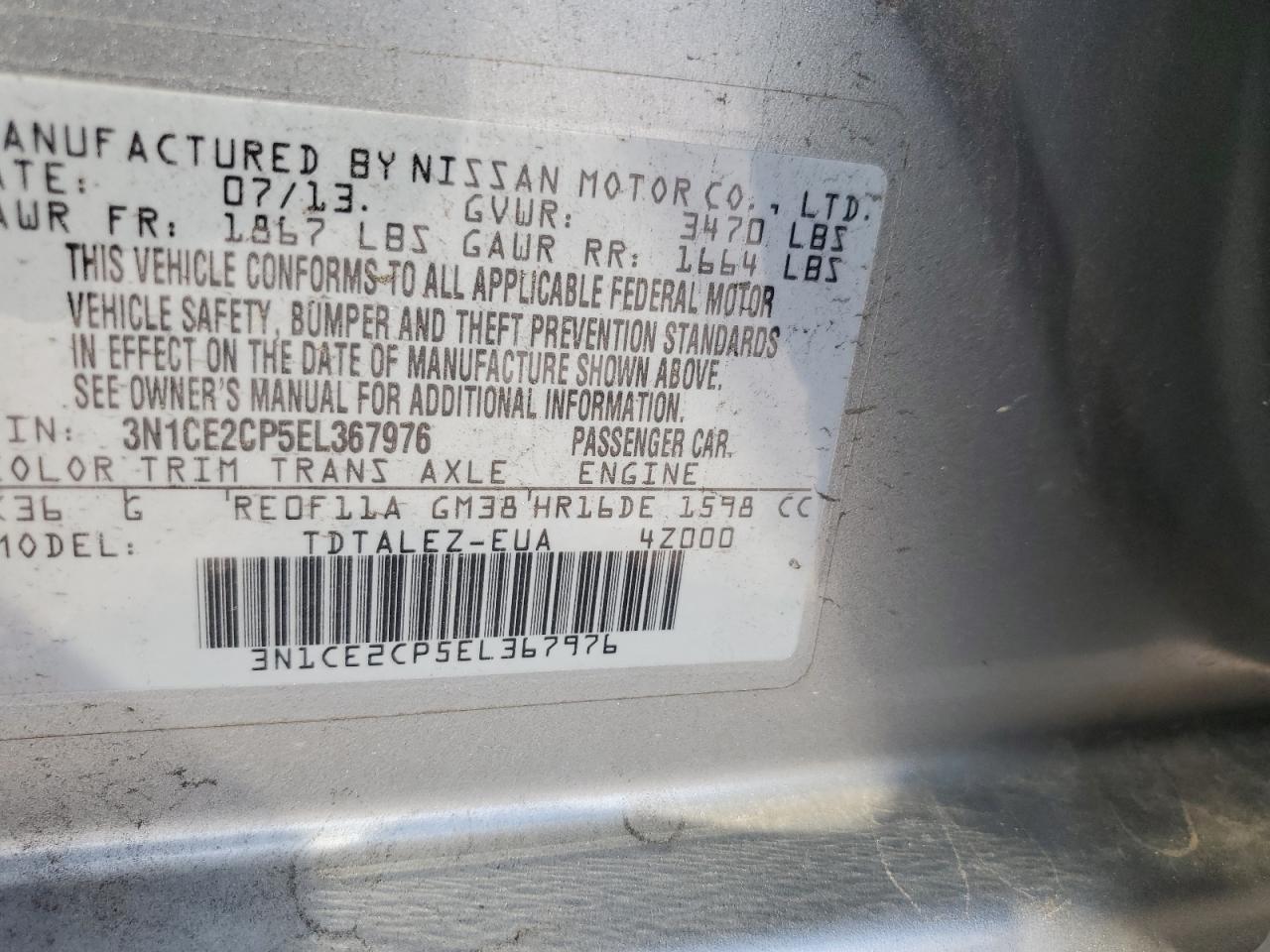 3N1CE2CP5EL367976 2014 Nissan Versa Note S