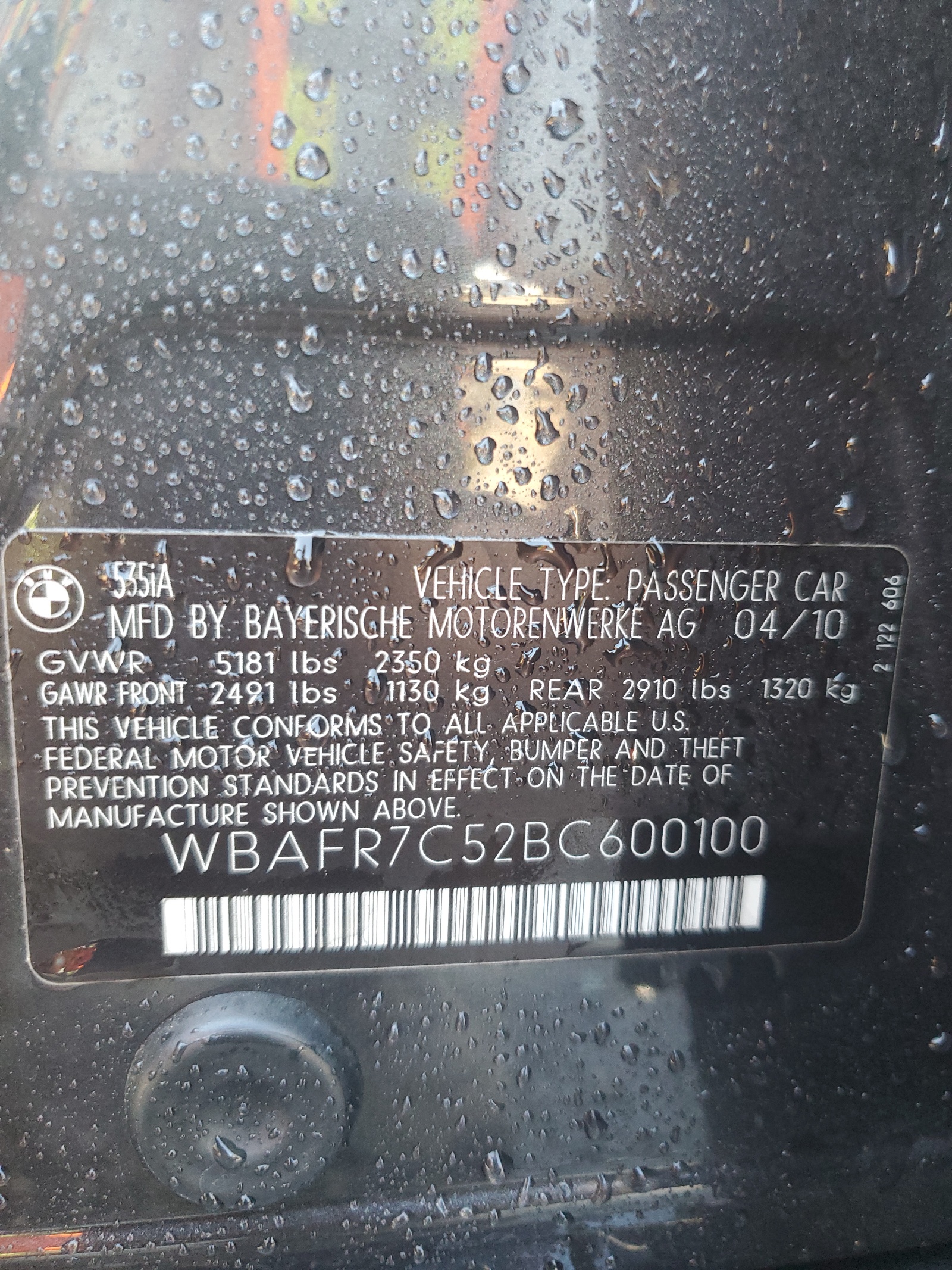 WBAFR7C52BC600100 2011 BMW 535 I