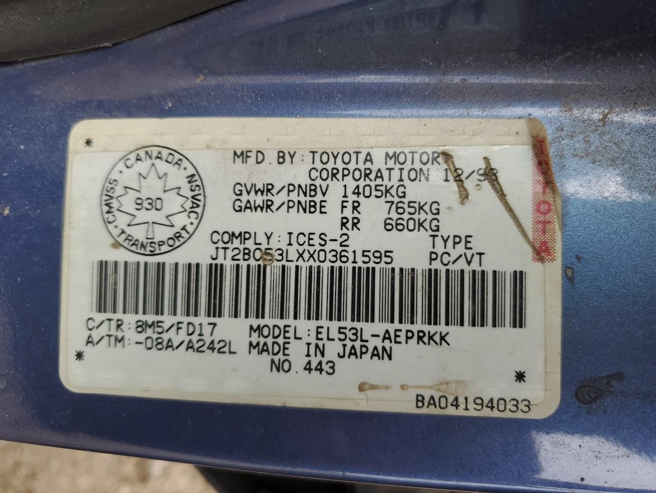 1999 Toyota Tercel Ce VIN: JT2BC53LXX0361595 Lot: 67085624