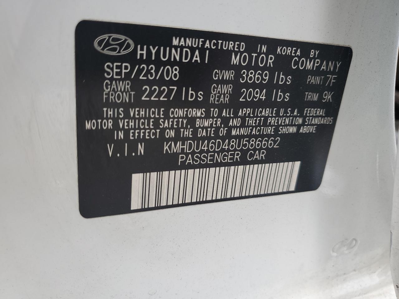 2008 Hyundai Elantra Gls VIN: KMHDU46D48U586662 Lot: 69742064