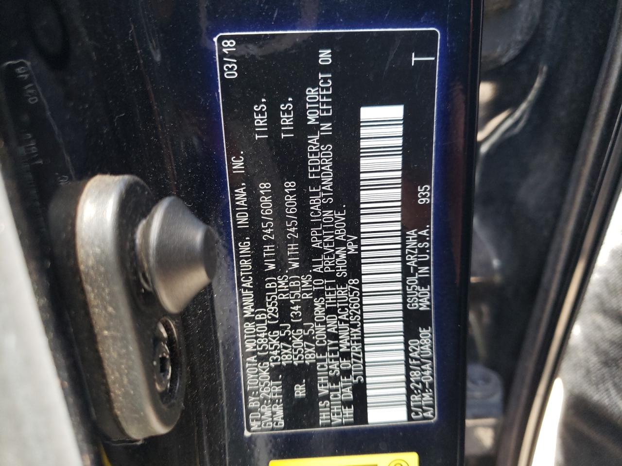 2018 Toyota Highlander Le VIN: 5TDZZRFHXJS260578 Lot: 64647964