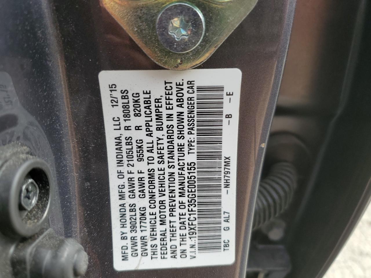 19XFC1F35GE005155 2016 Honda Civic Ex