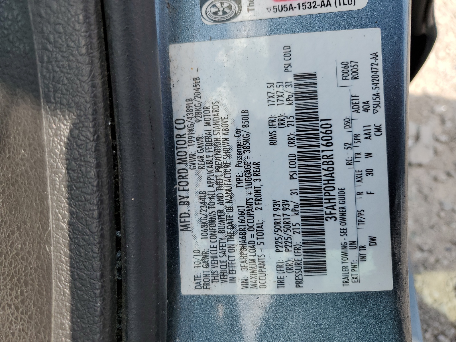 3FAHP0HA6BR160601 2011 Ford Fusion Se